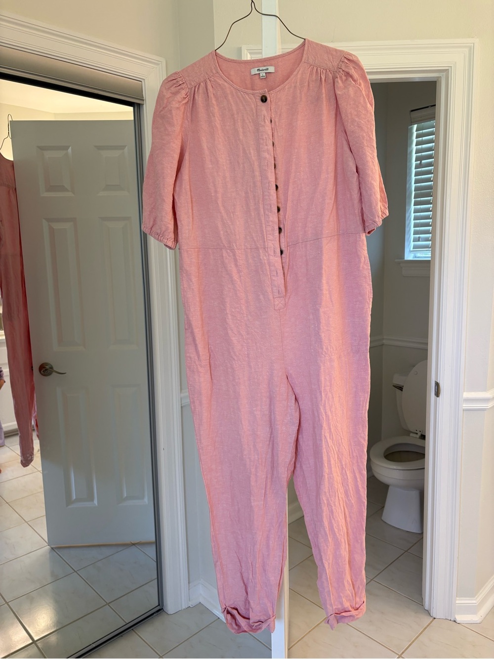 Madewell Pink Short-Sleeve Button-Front Ankle Jumpsuit with tie